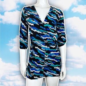 YUMI KIM Abstract Brushstroke Faux Wrap Silk Romper Artsy Boho Funky Coastal
